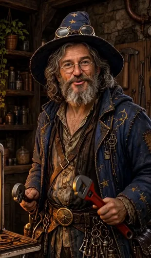 A Wizard Appliance Repair technician in a star-covered coat holding a pipe wrench in a lamplit workshop.